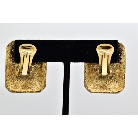 1928 Vintage Clip On Earrings Antiqued Gold Black Enamel Chunky Rectangle BinAZ - Picture 10 of 12